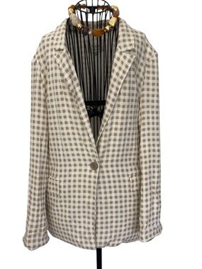 Checked Single-Button Blazer Jacket in Beige and White